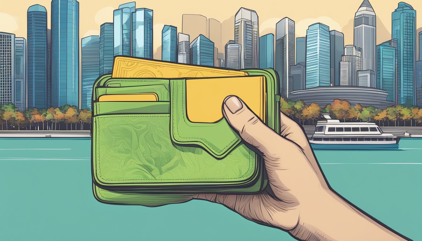 A Singaporean hand holding top crypto wallets with city skyline in background