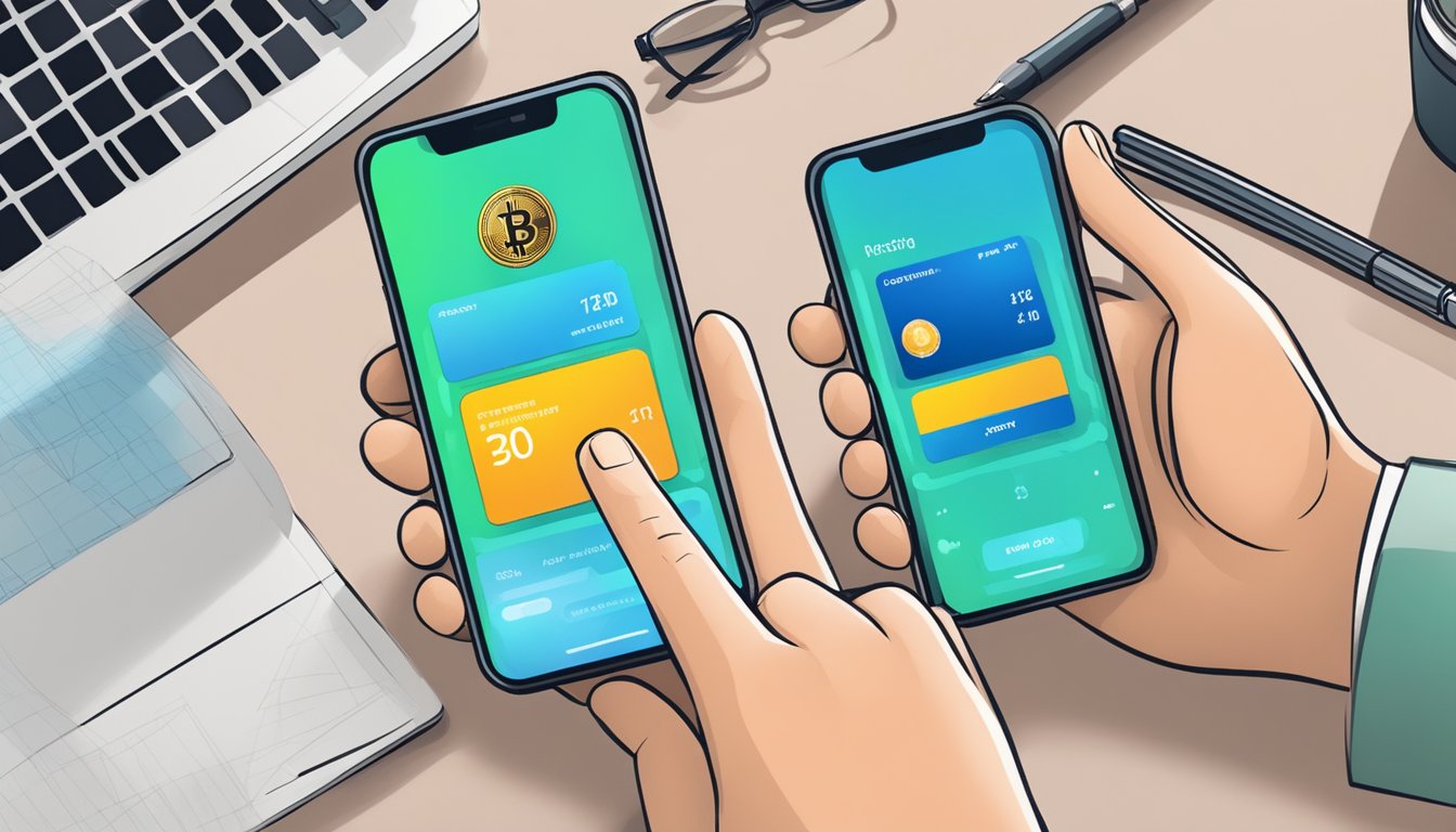 A person using a smartphone to make a cryptocurrency transaction, with a secure and user-friendly crypto wallet app displayed on the screen