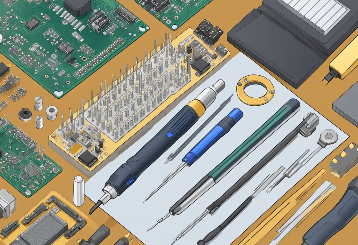 Soldering iron joins components on double-sided PCB. Schematic and components laid out on workbench