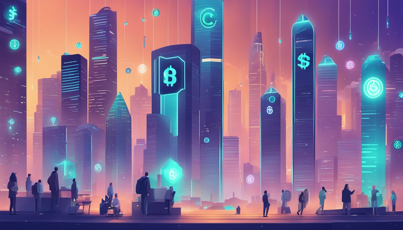 A futuristic city skyline with digital currency symbols floating above, a sleek and modern crypto wallet being used by people in various locations