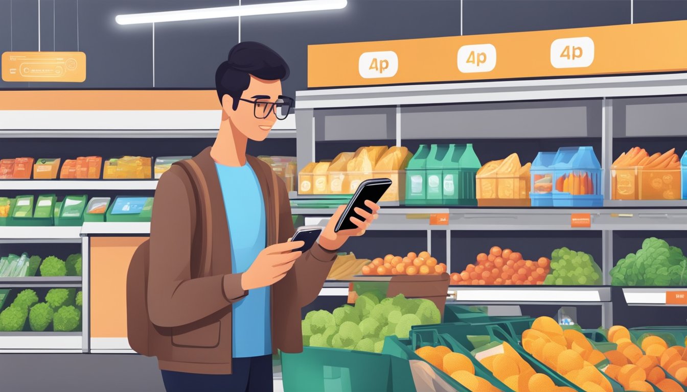 A person using a smartphone to pay for groceries with a cryptocurrency wallet app at a local supermarket