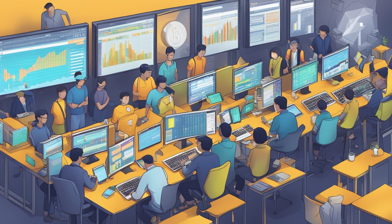 A bustling cryptocurrency exchange in Singapore, with traders analyzing charts and making transactions, while the exchange's logo prominently displayed