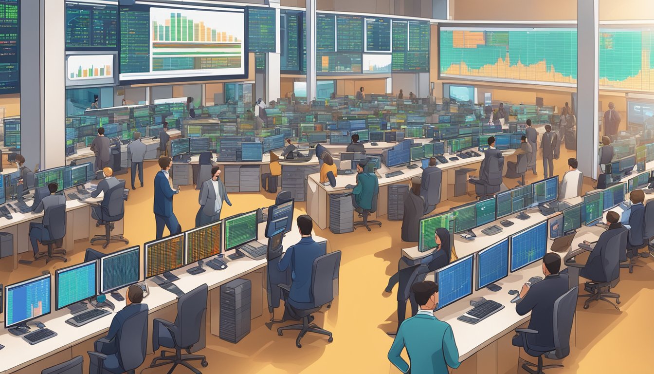 A bustling trading floor with digital screens displaying cryptocurrency prices, traders exchanging currencies, and investment advisors assisting clients