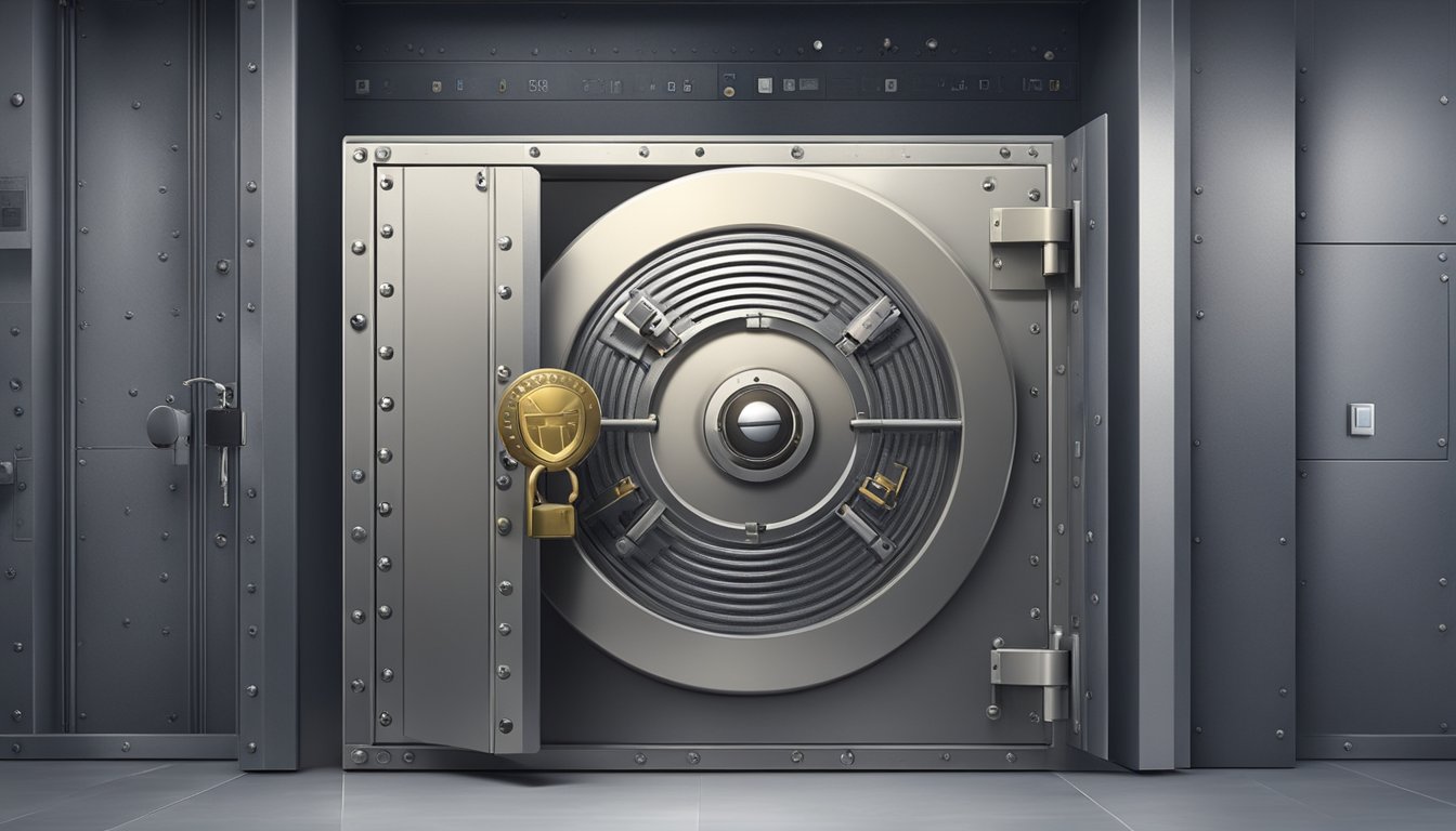 A secure vault with a padlocked door and a shield emblem, surrounded by a digital security system and guarded by a trustworthy figure