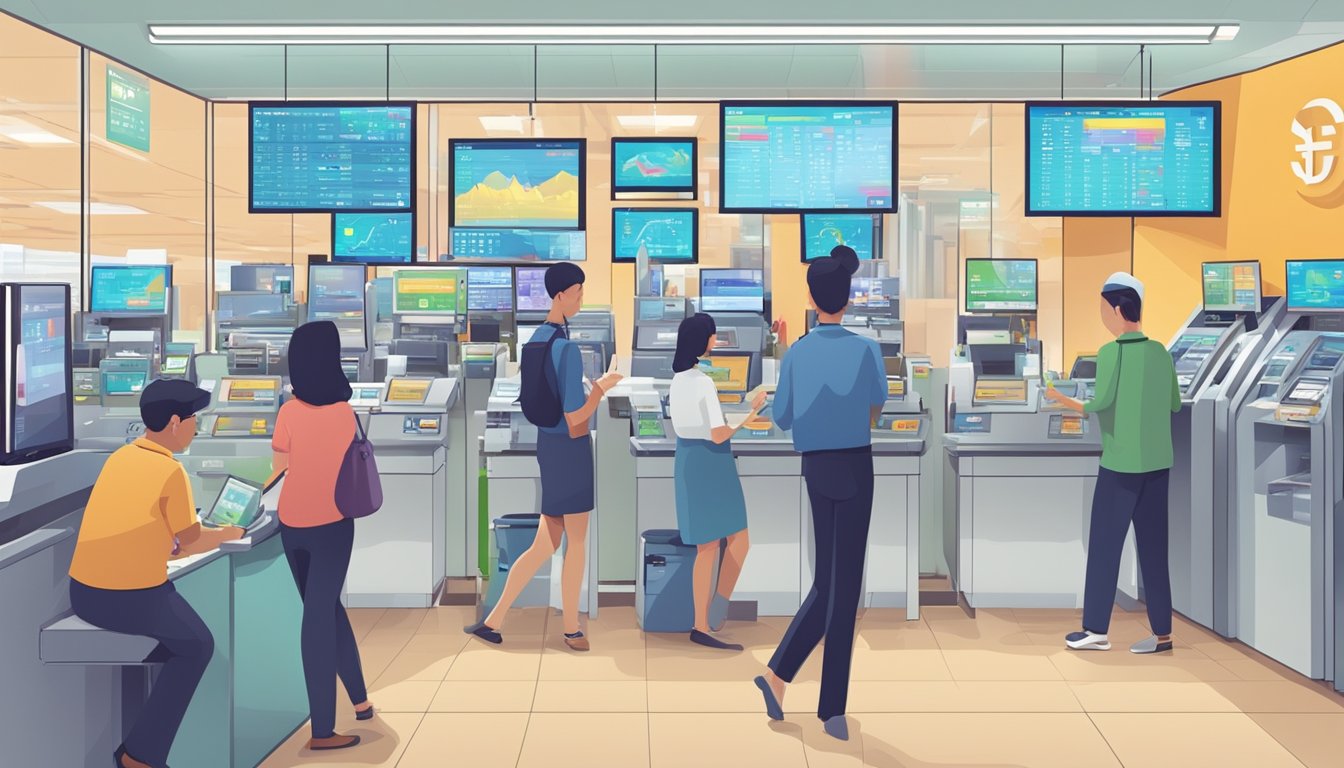 A bustling currency exchange office in Singapore with colorful digital displays and a steady flow of customers exchanging money at the counters