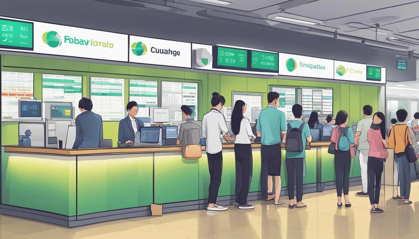 A bustling currency exchange office in Singapore with digital rate displays, busy tellers, and customers waiting in line