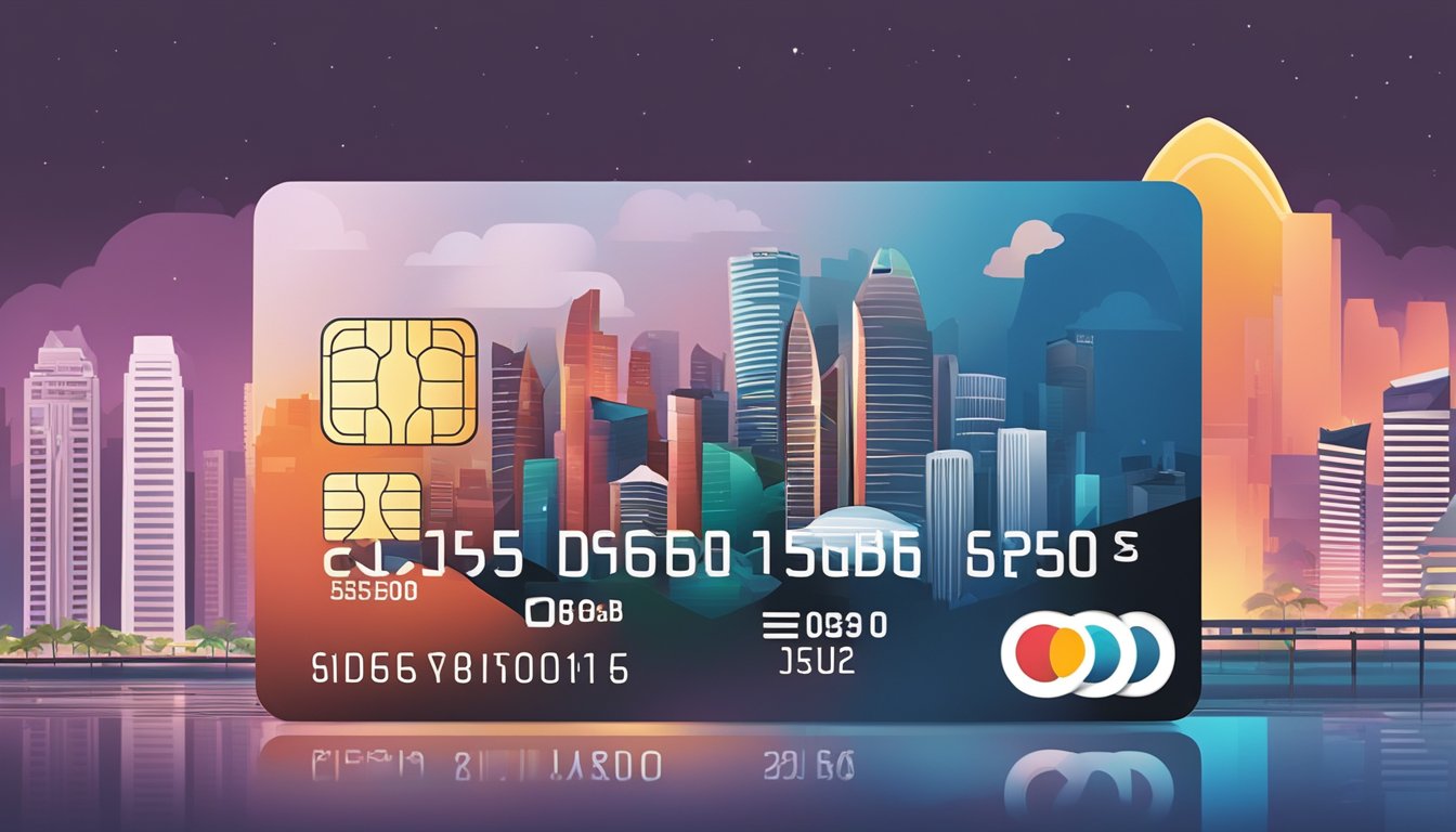 A sleek and modern credit card with the DBS logo prominently displayed, set against a backdrop of iconic Singapore landmarks