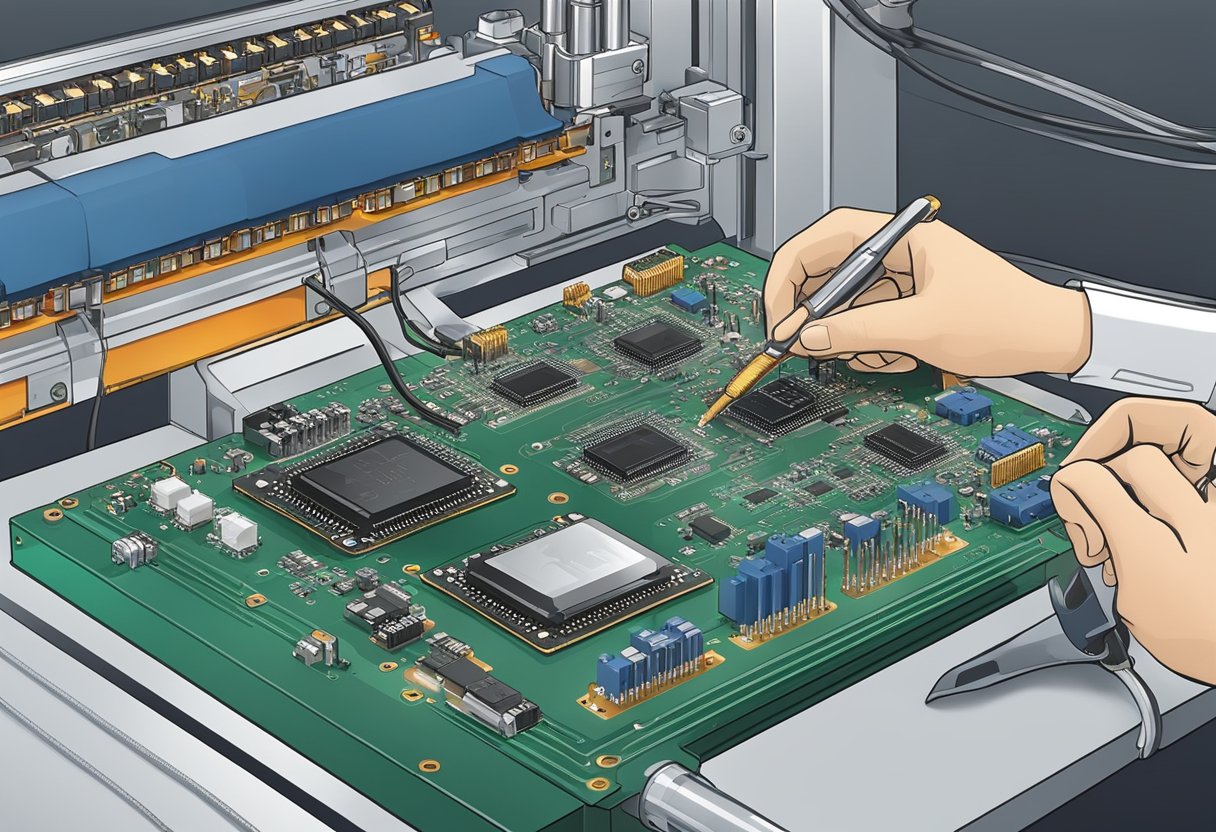 The flex PCB assembly process: components being soldered onto a flexible circuit board, with machinery and tools in the background