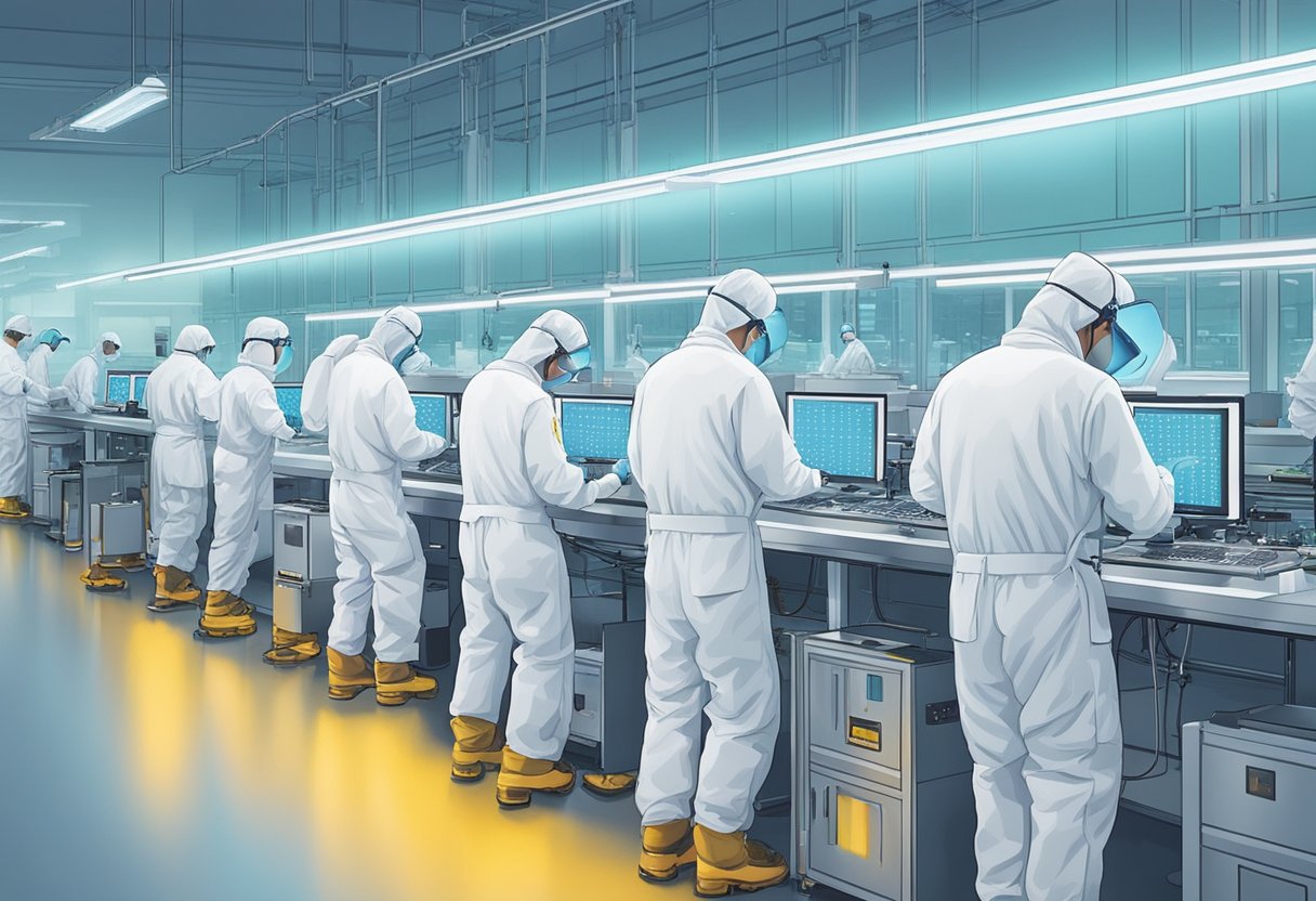 Workers in cleanroom suits assemble PCBs under bright LED lighting in a Singaporean manufacturing facility