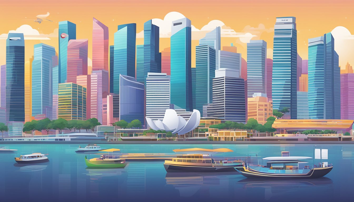 A vibrant city skyline of Singapore with iconic landmarks, surrounded by bustling streets and a modern, sleek-looking debit card in the foreground