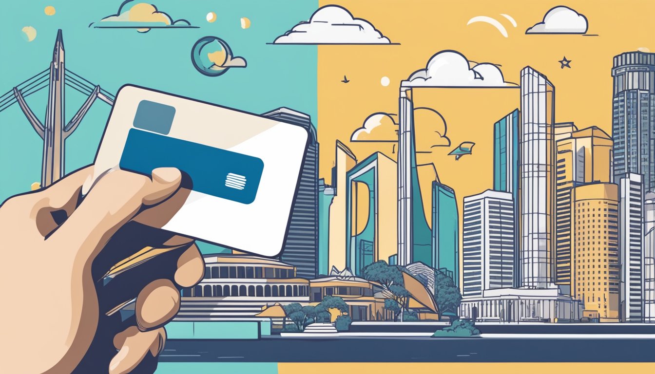 A hand reaching for a debit card amidst a backdrop of iconic Singapore landmarks, showcasing the best debit card options for students
