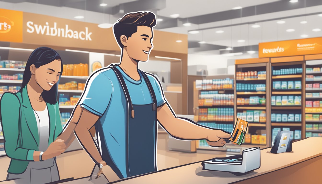 A young person swiping a debit card at a store, with a prominent "Rewards and Cashback" logo displayed on the card