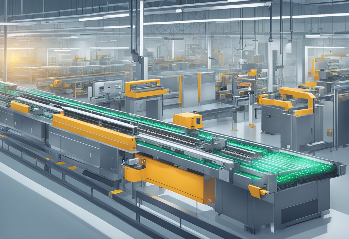 A conveyor belt moves circuit boards through automated assembly machines in a brightly lit manufacturing facility