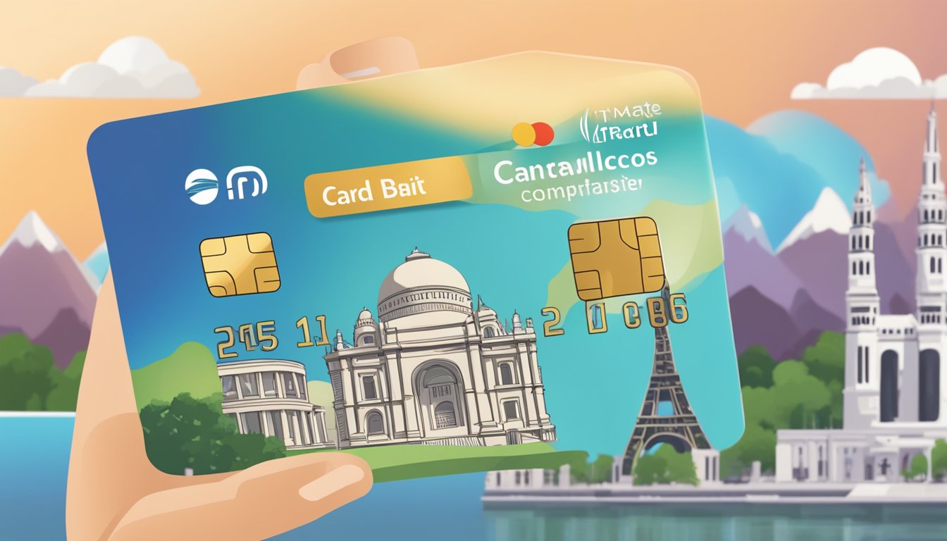 A traveler's hand holding a debit card with iconic travel landmarks in the background. The card is labeled "Ultimate Travel Companion: Debit Cards for Frequent Travellers."