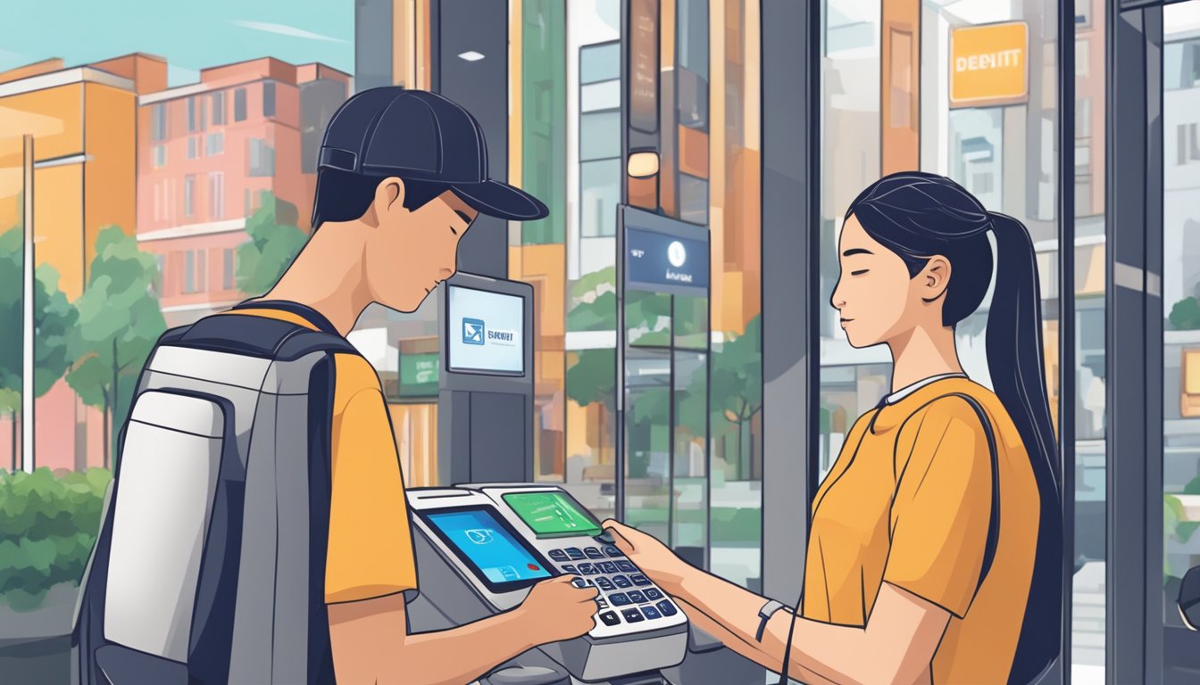 A person using a debit card at a payment terminal in Singapore. The card has a student-friendly design. The background is a modern, bustling city