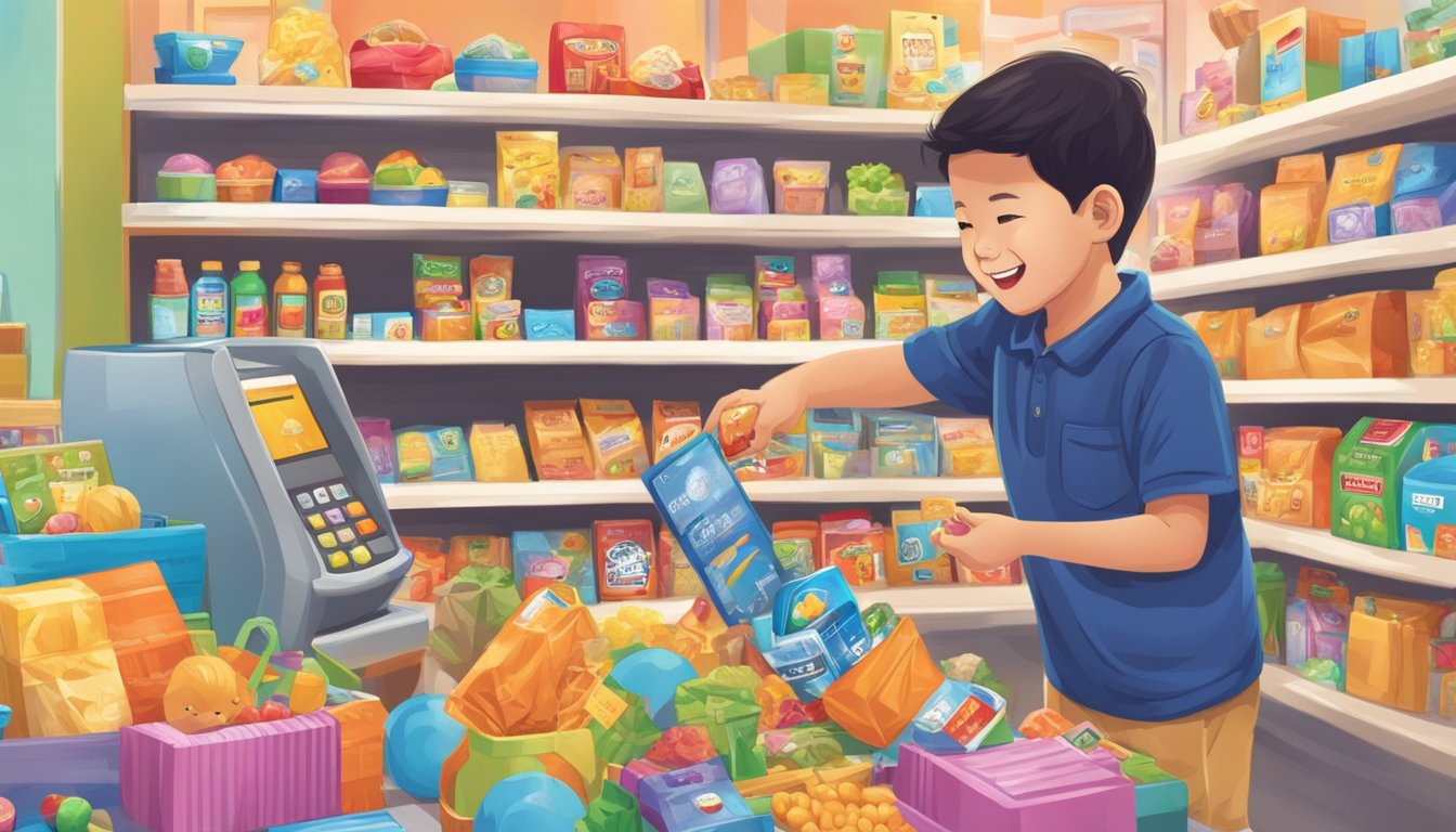 A child happily swipes a colorful debit card at a Singaporean store, surrounded by toys and snacks