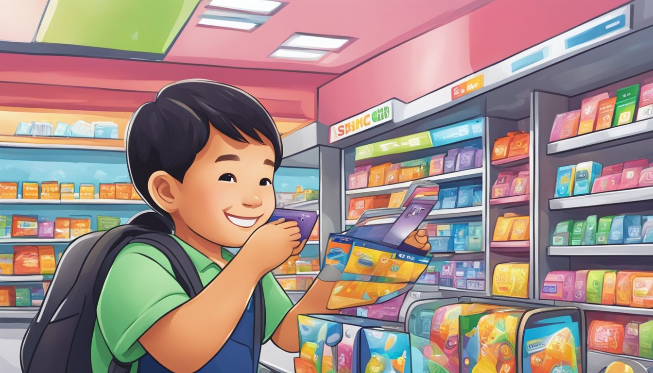 A child in Singapore swipes a debit card at a store, smiling as they make a purchase. The card features colorful designs and a secure chip