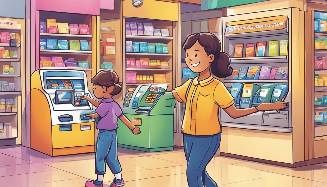 A child happily swipes a colorful debit card at a store. The card features parental controls and educational tools