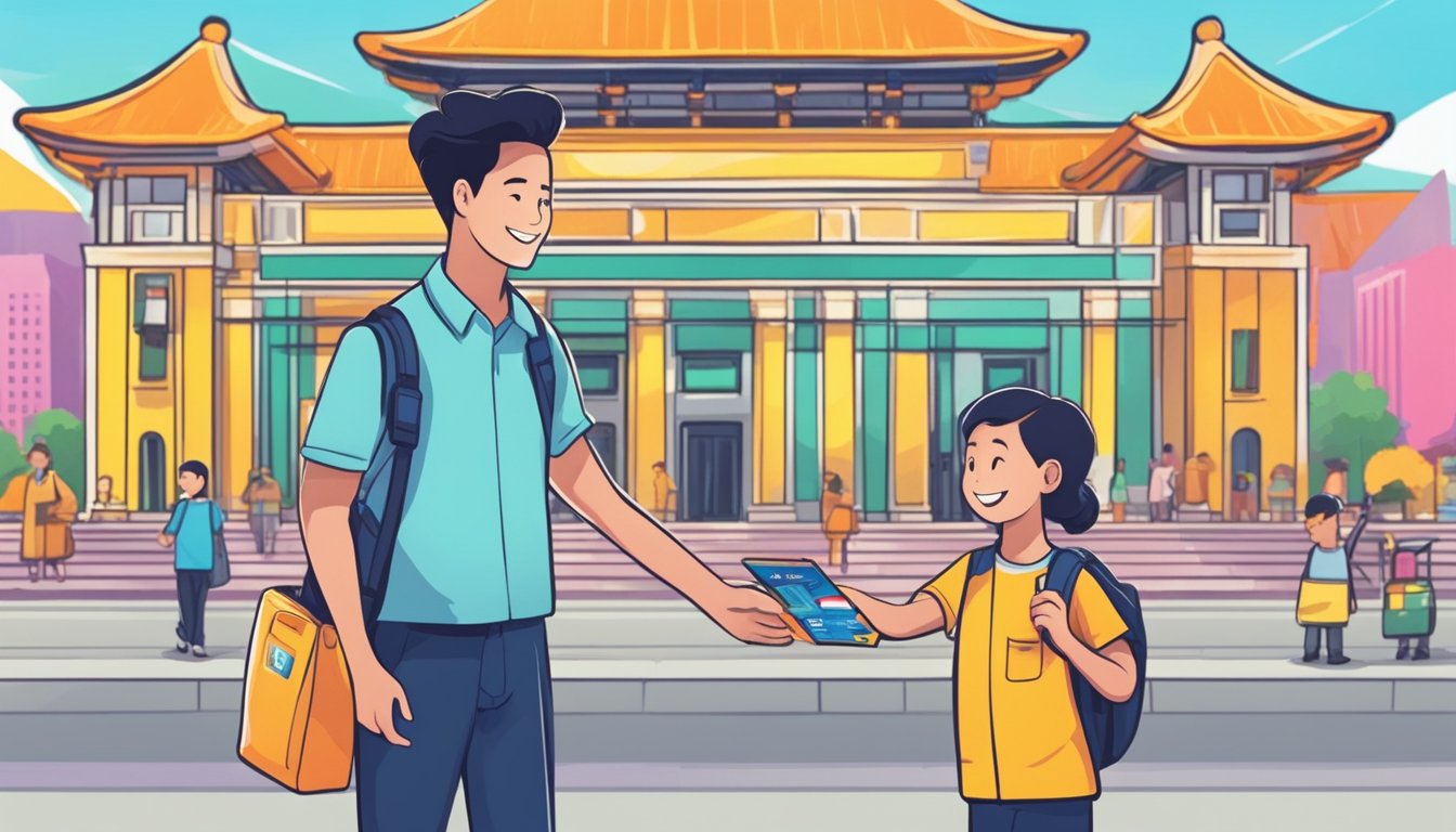 A child holding a brightly colored debit card, standing in front of a Singaporean landmark, with a smiling parent nearby