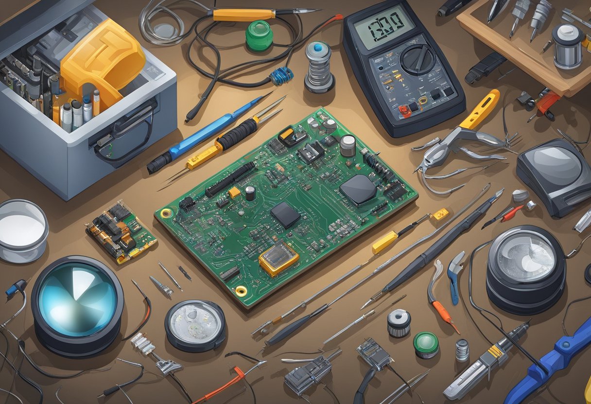 The workbench is cluttered with soldering iron, PCBs, resistors, and capacitors. A magnifying glass, tweezers, and a multimeter are also present