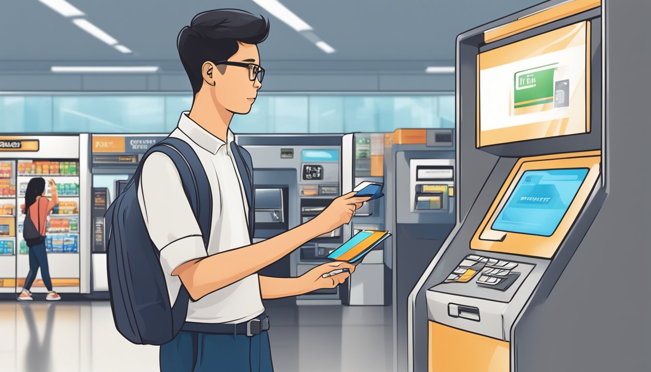 A student in Singapore using a debit card at a store or ATM, with the card prominently displayed