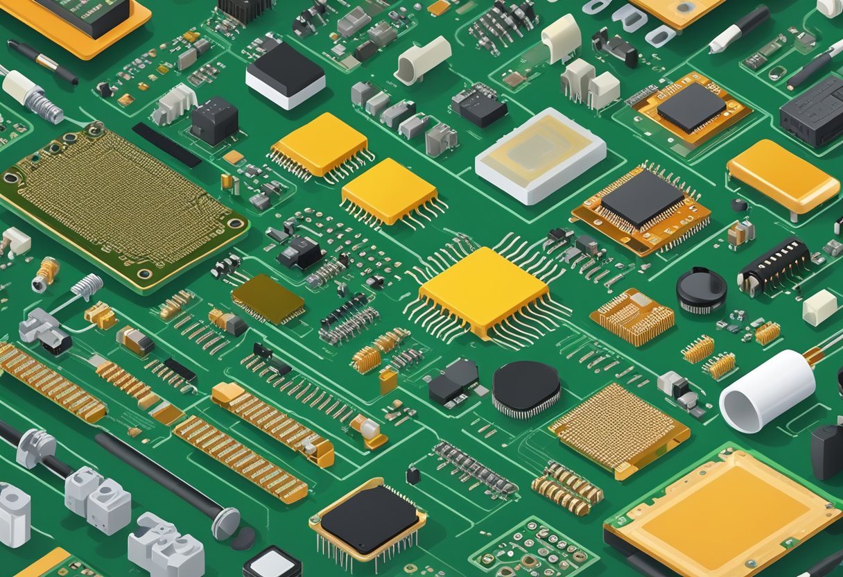 Various electronic components arranged on a printed circuit board, with soldering equipment and assembly instructions nearby