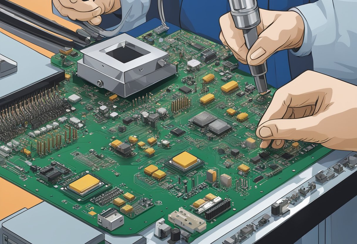 Various electronic components are being carefully placed and soldered onto a printed circuit board (PCB) by workers in a manufacturing facility