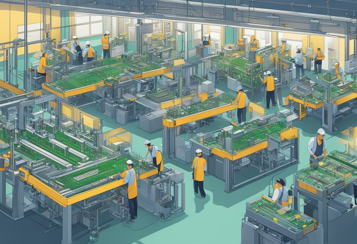 A bustling factory floor with modern machinery and workers assembling circuit boards. The top 10 PCB assembly companies in India are showcased through their efficient and high-tech production processes