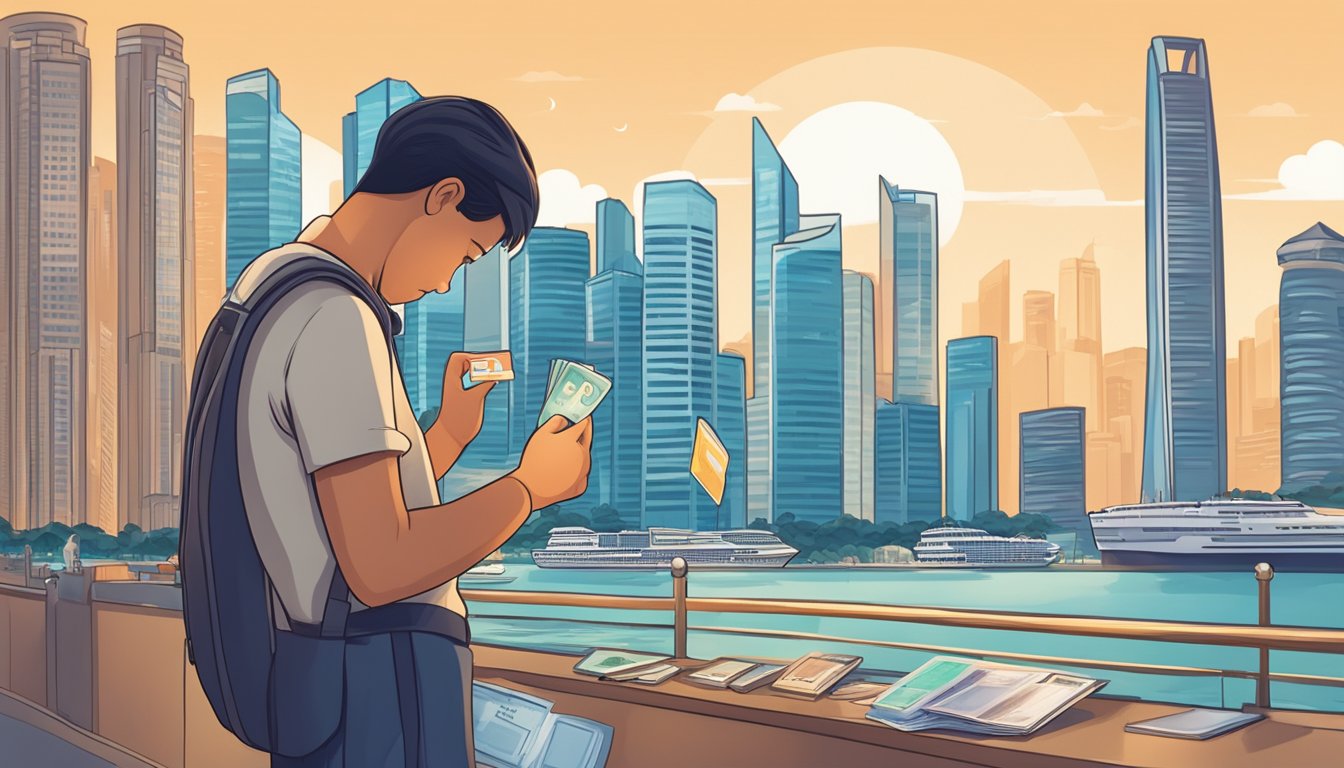 A traveler carefully selects a debit card with a Singapore skyline in the background