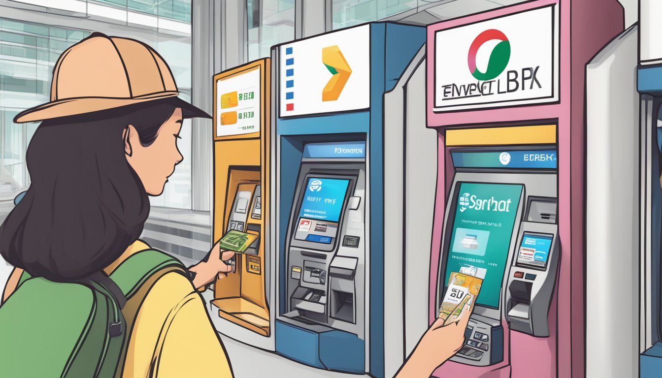 A traveler uses a multi-currency debit card at a foreign ATM in Singapore, with various currency symbols displayed on the screen