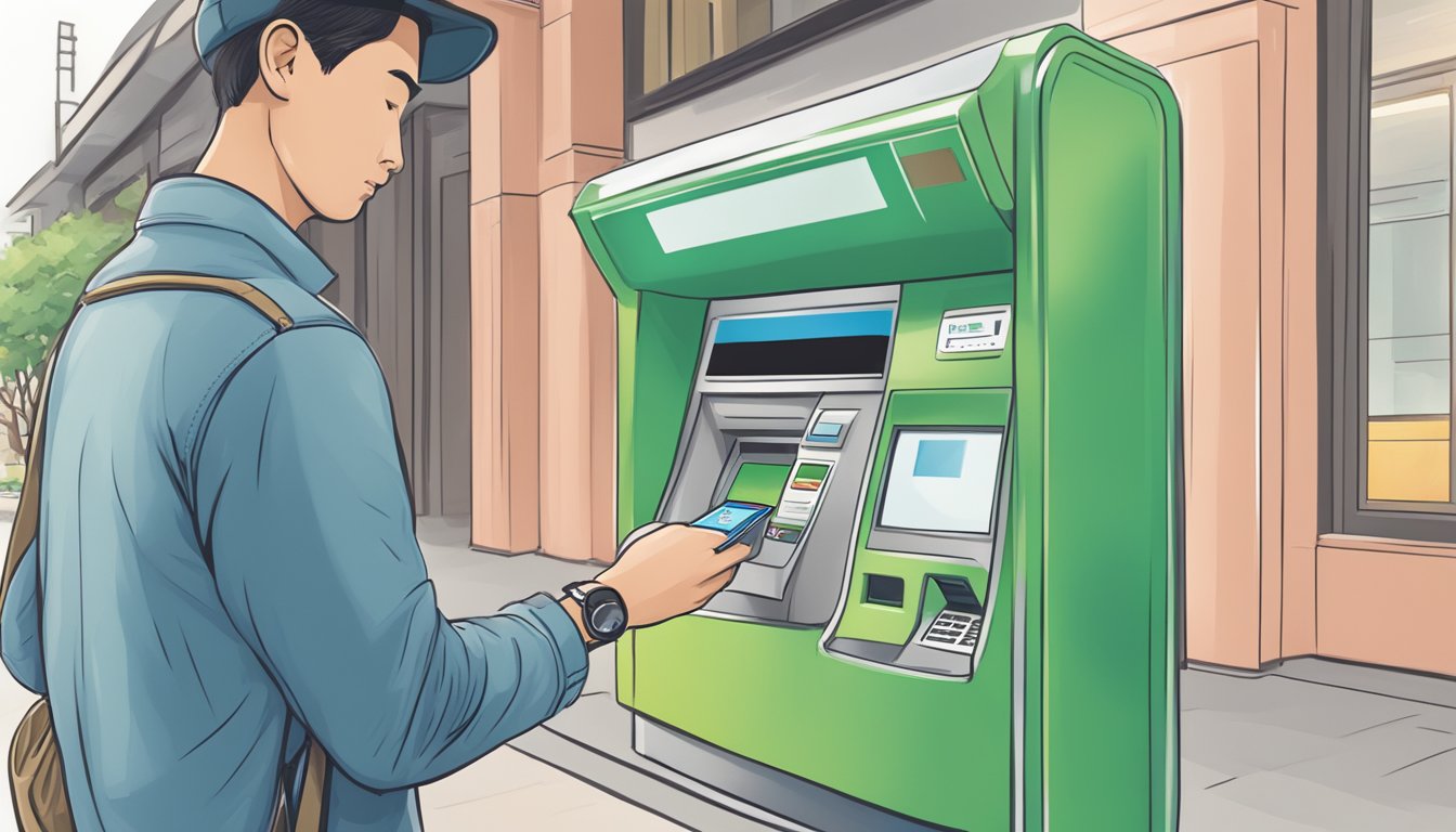 A traveler swipes a debit card at a Singaporean ATM, avoiding fees and charges
