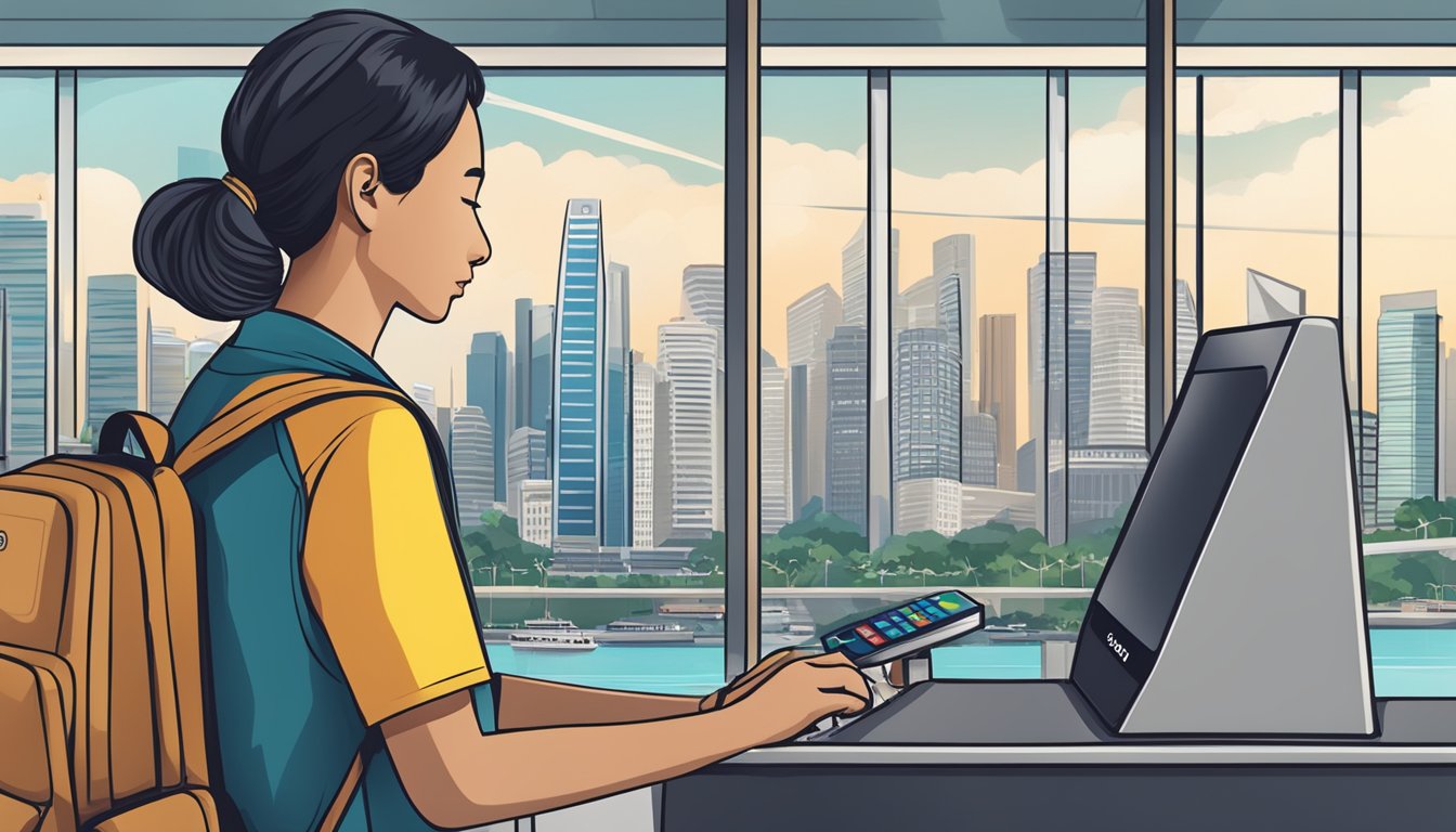 A traveler in Singapore using a debit card at a payment terminal with the city skyline in the background