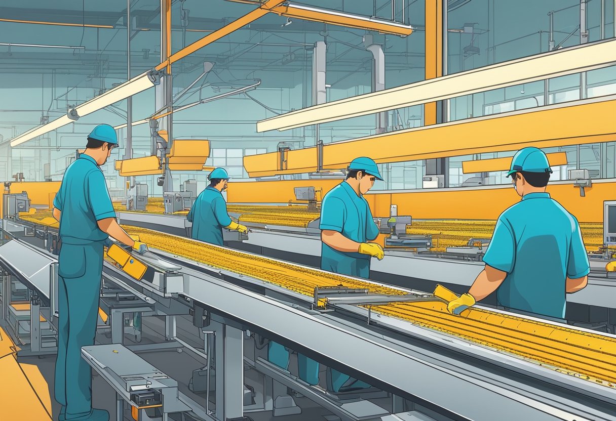 Workers assemble PCBs on conveyor belts in a brightly lit factory, surrounded by machinery and equipment. Components are carefully placed and soldered onto the boards with precision