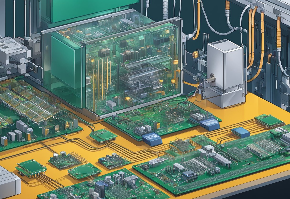 An array of electronic components being swiftly assembled onto a printed circuit board by automated machines