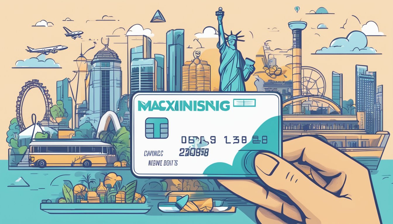 A hand holding a debit card with "Maximising Rewards and Cashback" printed on it, surrounded by various symbols representing rewards and cashback, with a backdrop of iconic Singapore landmarks