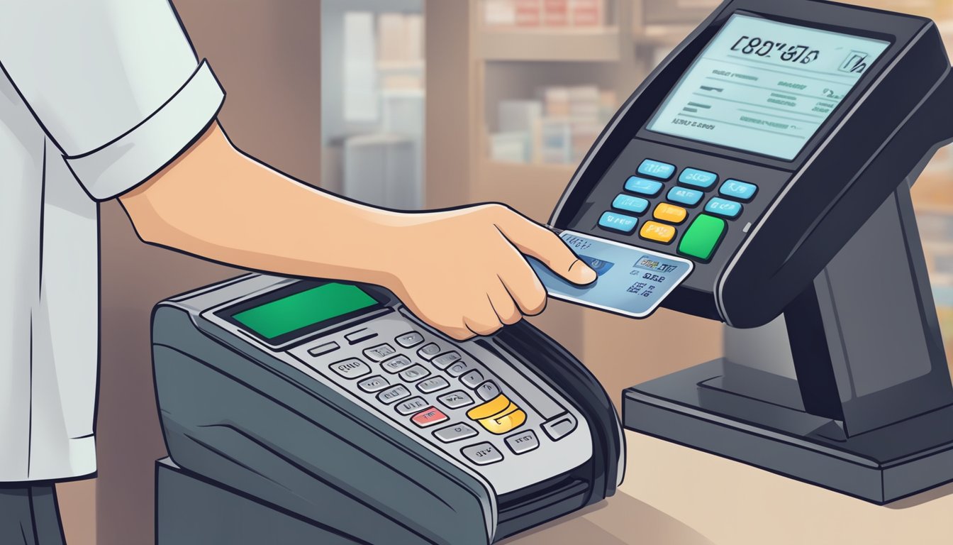 A hand swiping a debit card at a payment terminal, with a list of fees and charges displayed in the background