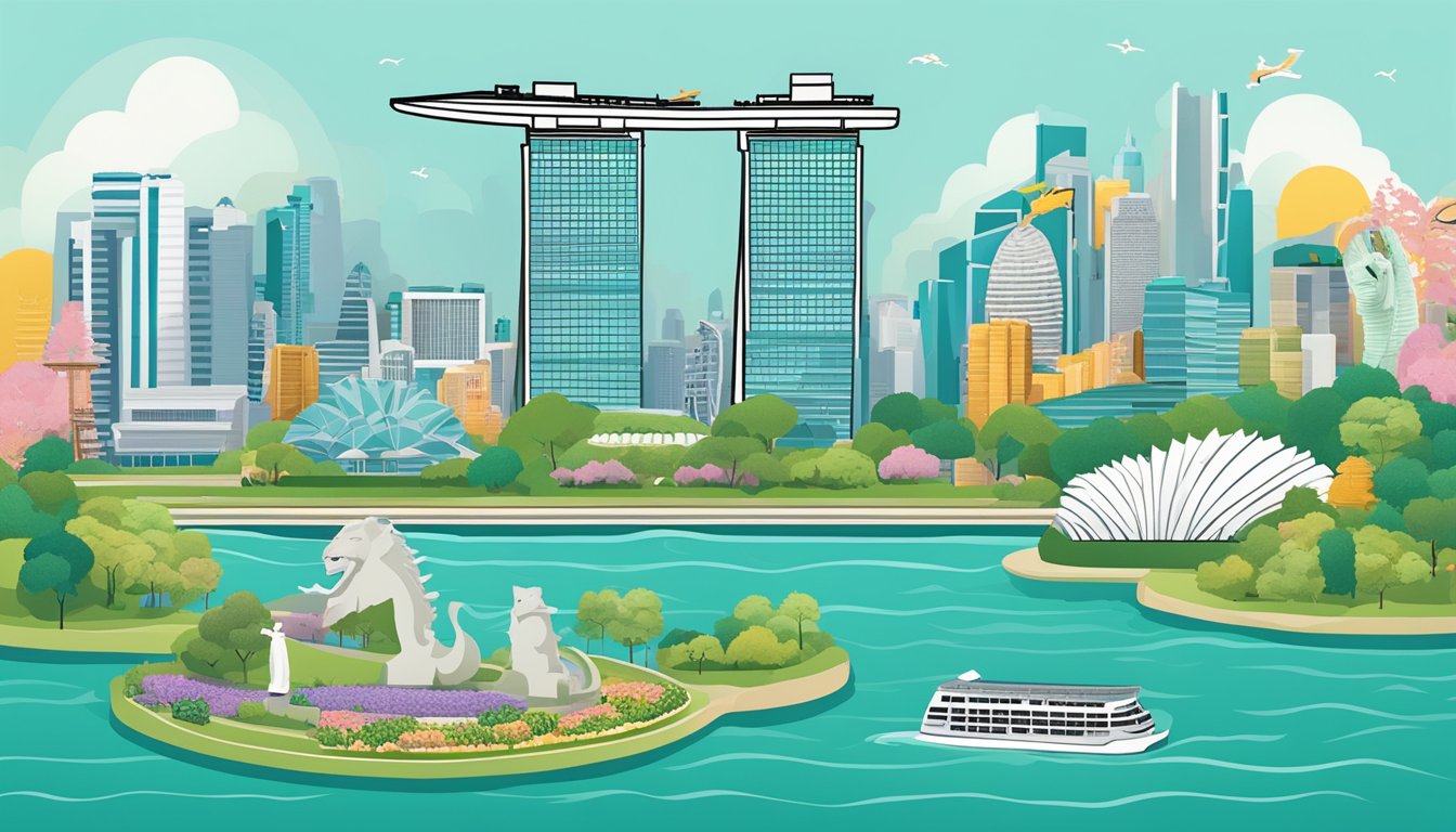 A debit card surrounded by iconic Singaporean landmarks, such as the Merlion, Marina Bay Sands, and Gardens by the Bay