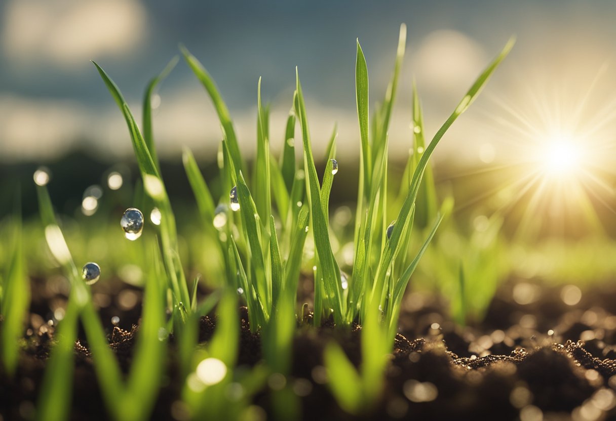 Lush green grass seeds sprouting from freshly tilled soil under the warm sunlight. Sparkling dew drops glisten on the tender shoots