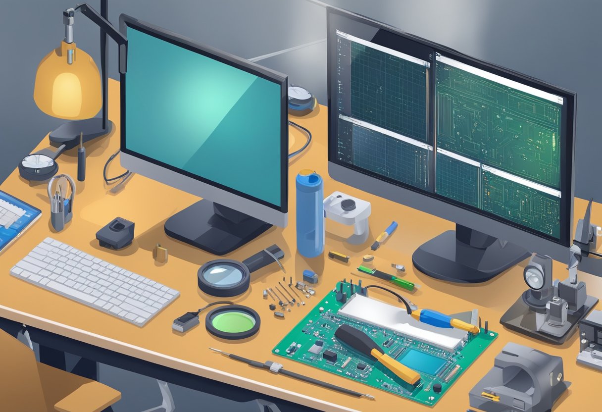 PCB components arranged on a workbench, with a soldering iron, magnifying glass, and various tools nearby. Computer screen displaying PCB design software