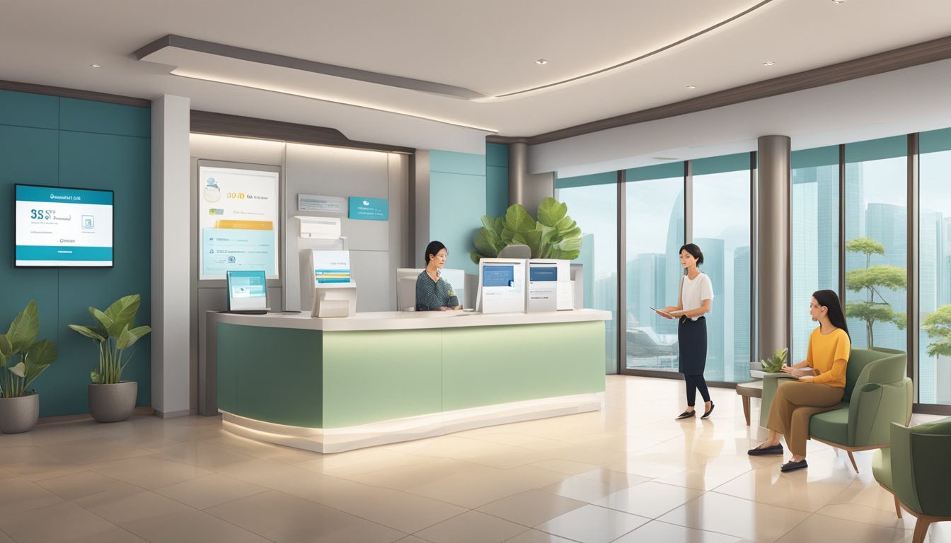 A serene bank interior with modern decor, a digital display showcasing the best deposit account rates in Singapore, and a friendly bank teller assisting a customer