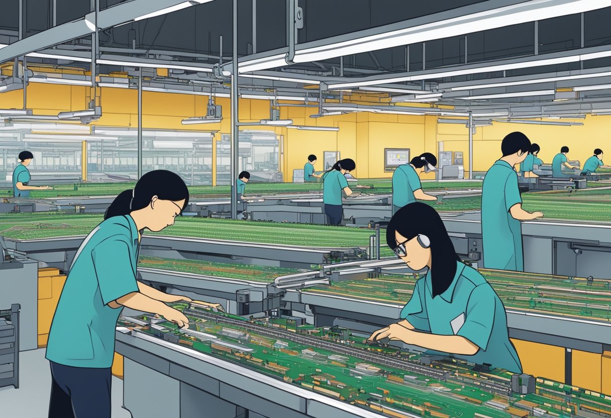 A bustling factory floor with rows of machines assembling printed circuit boards in Taiwan. Workers oversee the process, while automated equipment efficiently completes the intricate tasks
