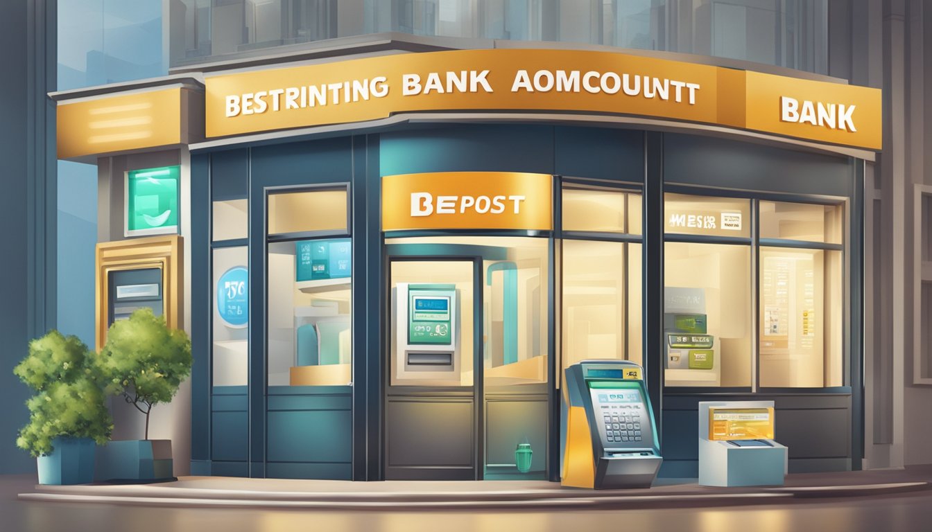 A bank branch with a prominent sign advertising "Maximising Returns with Bank Promotions" and "best deposit account in Singapore" with a link to a website