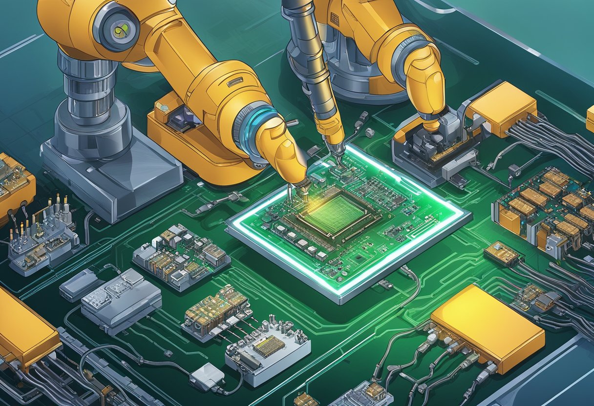 Various electronic components being soldered onto a printed circuit board by robotic arms in a manufacturing facility