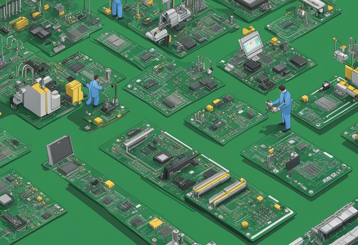 Electronic components being soldered onto a green PCB board by robotic arms in an American assembly line