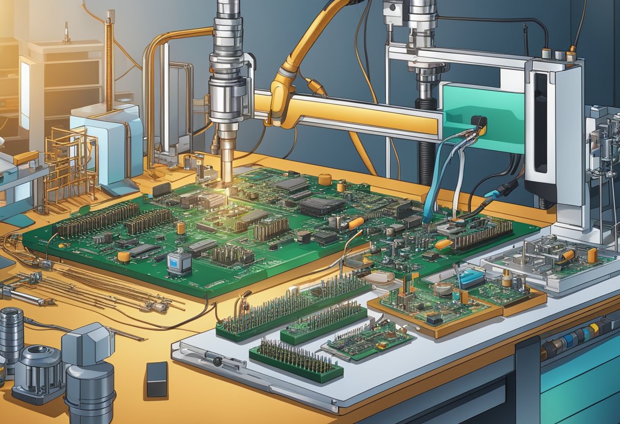 An array of electronic components being assembled onto a printed circuit board, with soldering equipment and machinery in the background