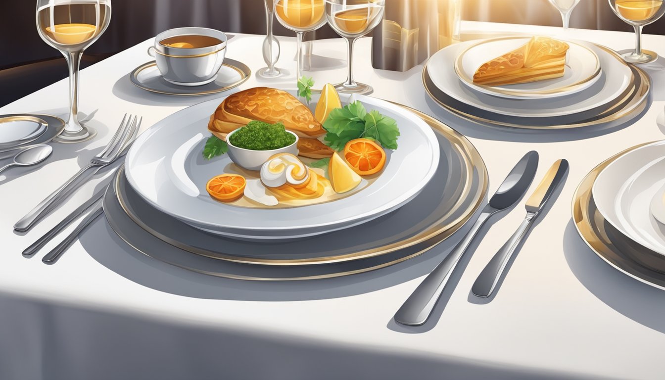 A table set with gourmet dishes and a sleek credit card on a white tablecloth in a luxurious restaurant