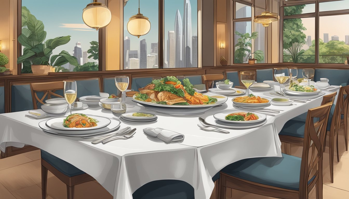 A table set with elegant dining credit cards, surrounded by gourmet dishes and a bustling Singaporean restaurant ambiance