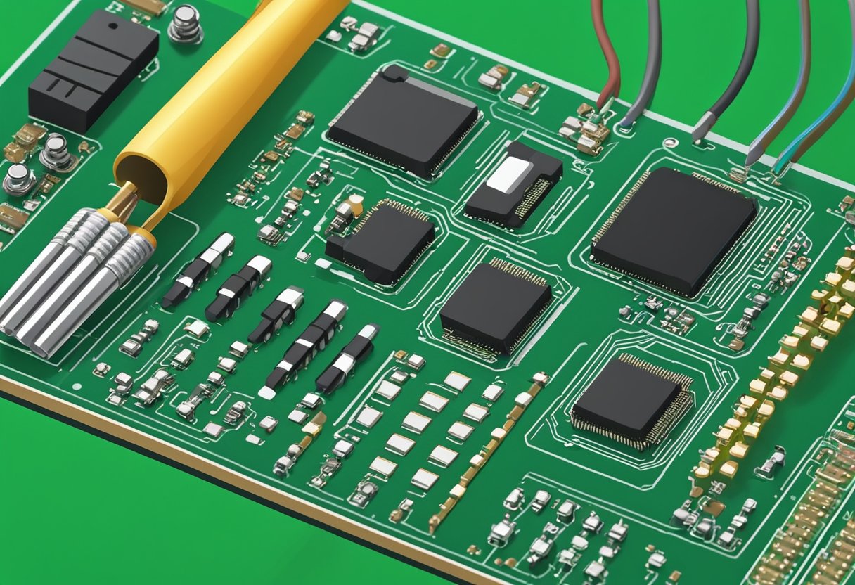 Soldering iron joins PCB components on a green circuit board. Tiny resistors, capacitors, and integrated circuits are neatly arranged