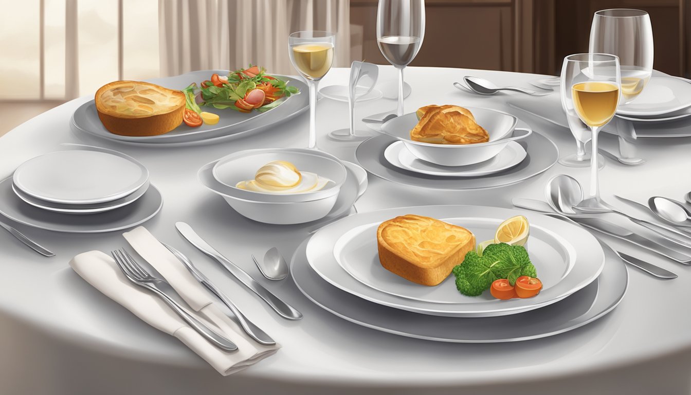 A table set with elegant dinnerware and a UOB credit card displayed next to a gourmet meal in a fine dining restaurant