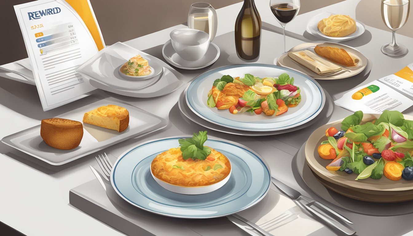 A table set with gourmet dishes and a credit card displayed next to a rewards and points system brochure
